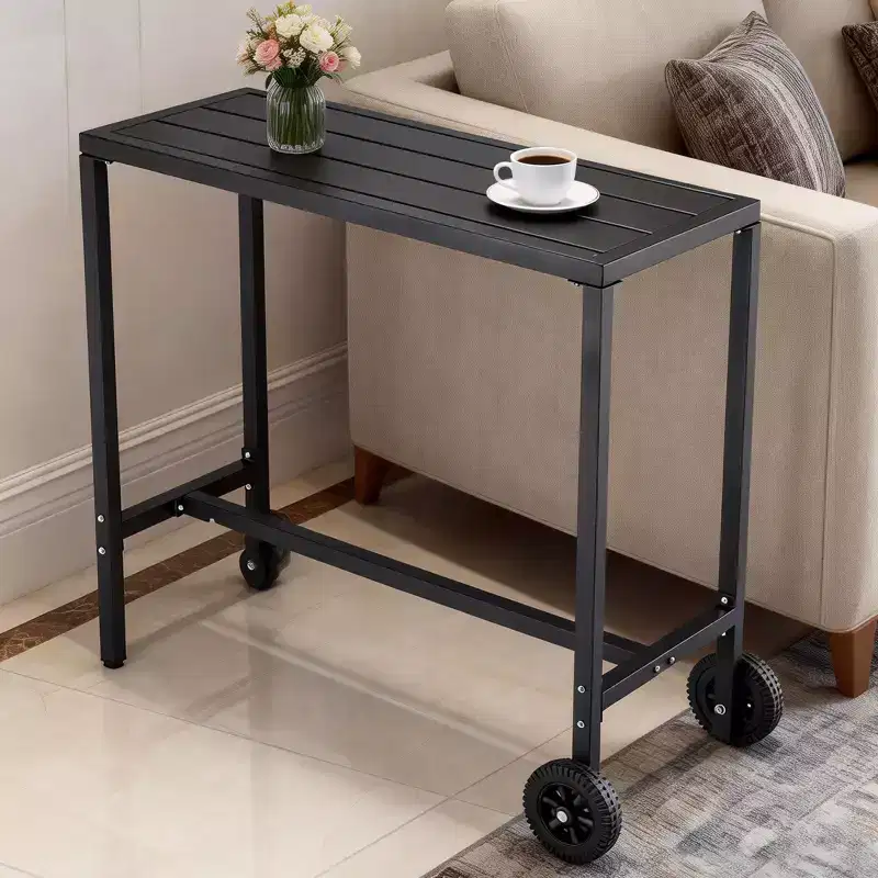 Mobile Outdoor Bar Table with Wheels, Waterproof Metal Slatted Top, Counter Height Table for Patio, Poolside, Yard & Kitchen