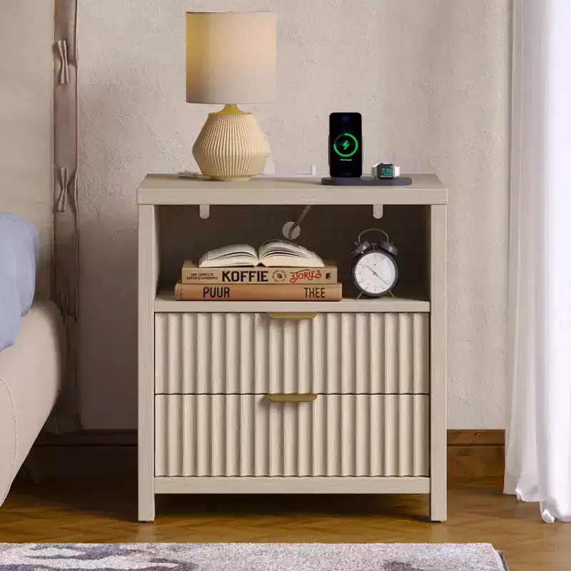 Modern Fluted Bedside Table with Charging Station 19.7 Inch Nightstand 2 Wood Slide Drawers Open Shelf Metal Handle Wood Legs Bedroom End Table Decor