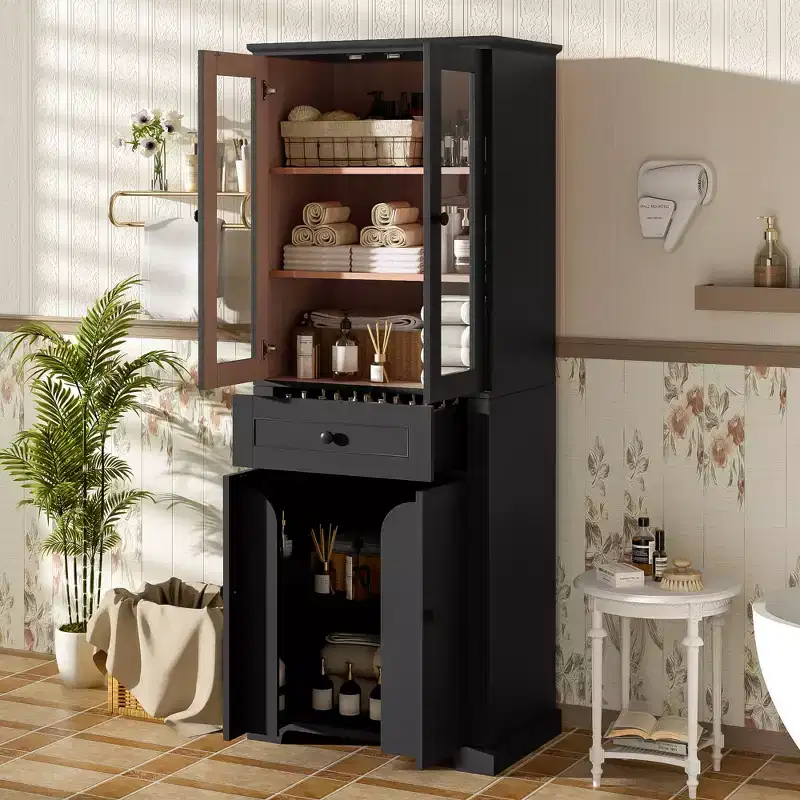 Whisen 67.2 Tall Bathroom Storage Cabinet with Tempered Glass Doors, Adjustable Shelves & Drawer, Soft-Close