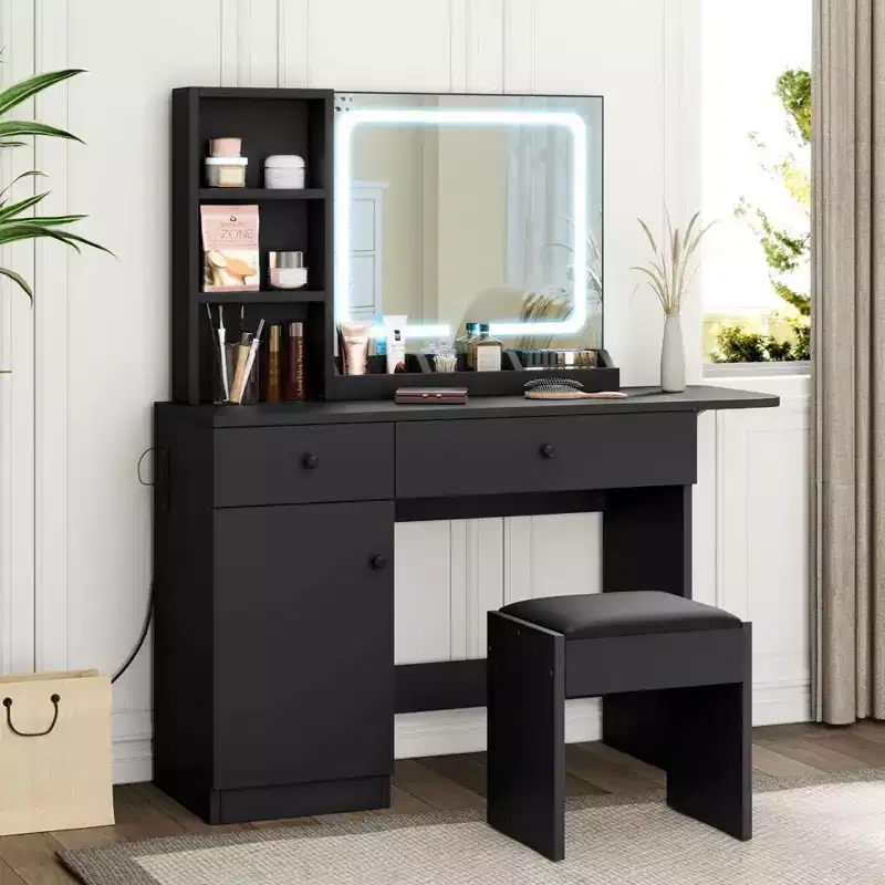 Whizmax Vanity Desk, Makeup Vanity with Adjustable LED Lighted Mirror, Vanity Table with Drawers, Cabinet, Shelf and Stool
