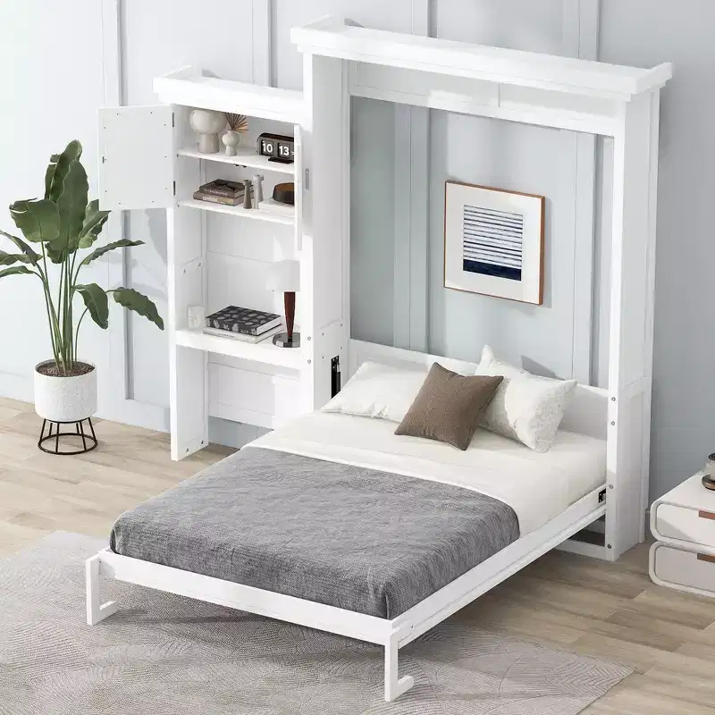 Queen Size Murphy Bed with Multiple Storage Shelves and Louvered Style Decoration