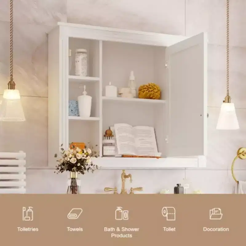 35'' x 28'' Wall Mounted Bathroom Storage Cabinet, Medicine Cabinet, Modern Bathroom Wall Cabinet with Mirror, Mirror Cabinet with 6 Open Shelves