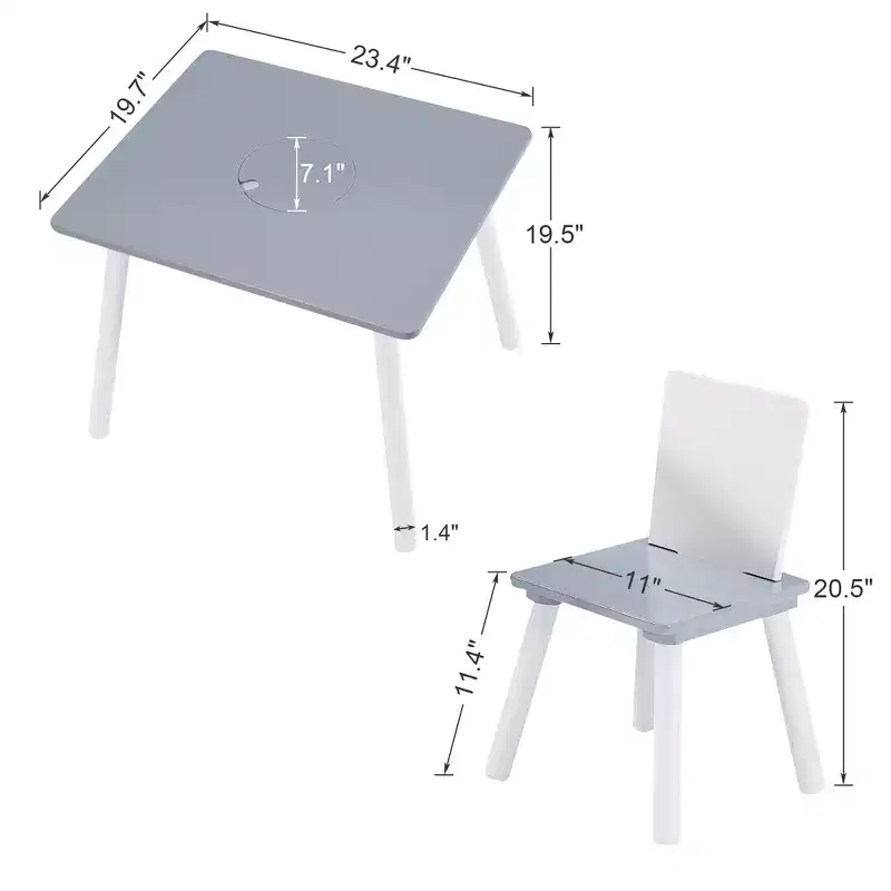 VECELO Activity Table and 2 Chair Set with Hidden Mesh Storage, Children Playroom Furniture, Easy Assembly, White & Gray