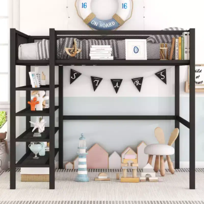 Metal Loft Bed with 4 Layers of Shelves, Full Size Mattress