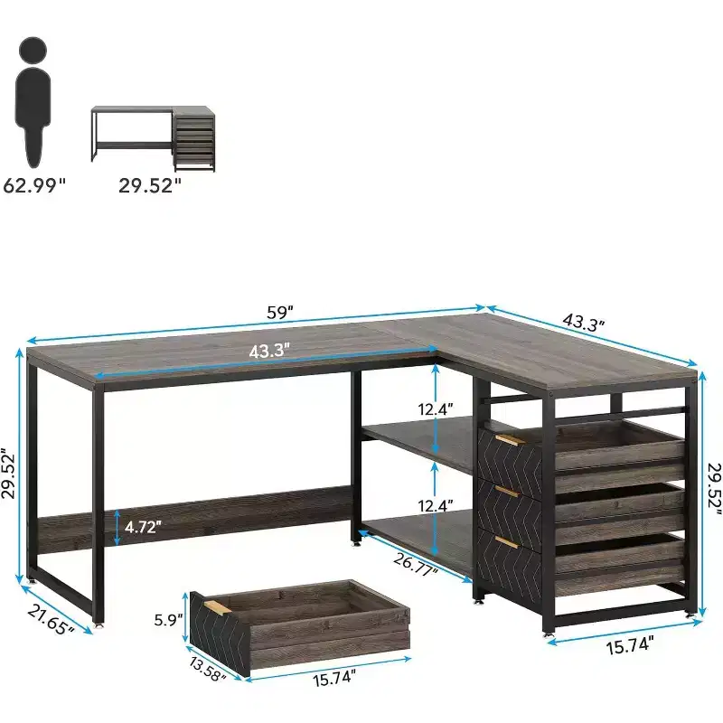 59-Inch L-Shaped Computer Desk with Storage Drawers and Shelves, Reversible Corner Desk for Home Office, Grey