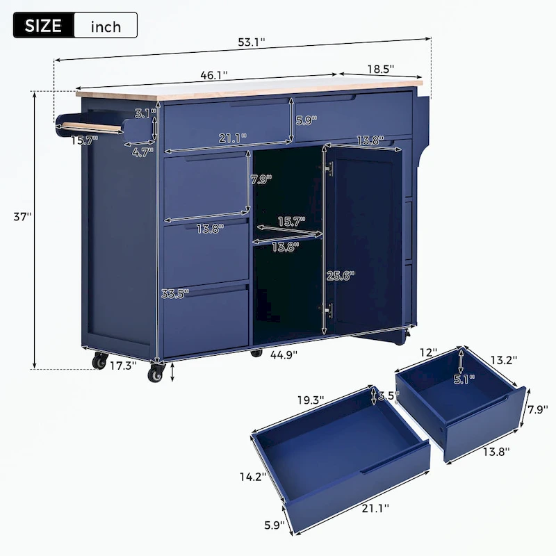 Kitchen Cart with Rubber Wood Countertop
