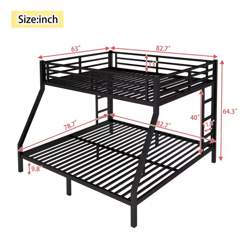 Metal Queen over King Bunk Bed for Teens and Adults Space-Saving and No Box Spring Needed Black
