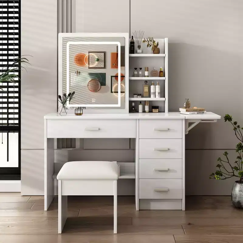 GDFStudio Raya Modern 43.3'' Mirror Vanity Desk with Lights, 1 Chair, 5 Drawers and Open Shelves