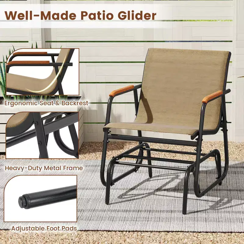 Costway Patio Glider Chair Set of 2 w/ Curved Teak Armrests & Breathable Fabric Seat