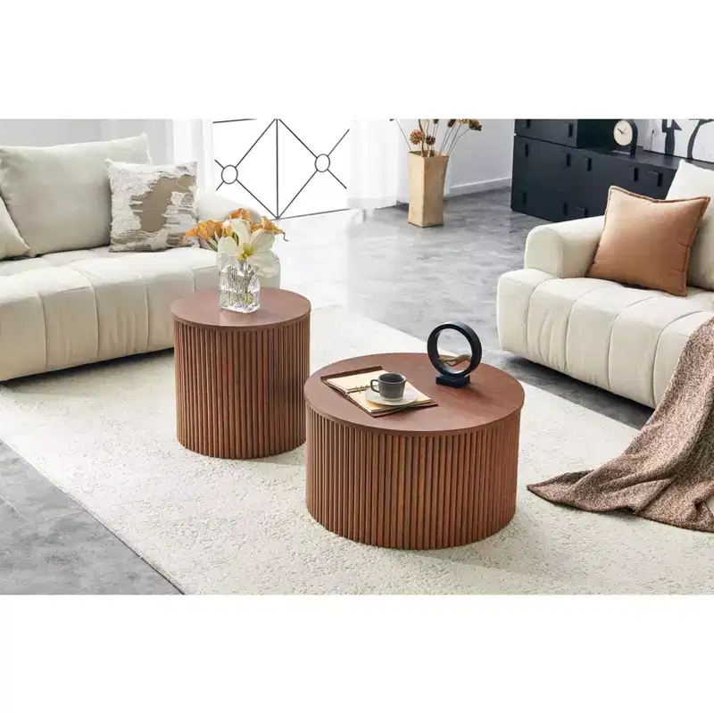 Nesting Coffee Table with Roman Column Design and Hidden Storage, Wood Grain Finish for Living Room