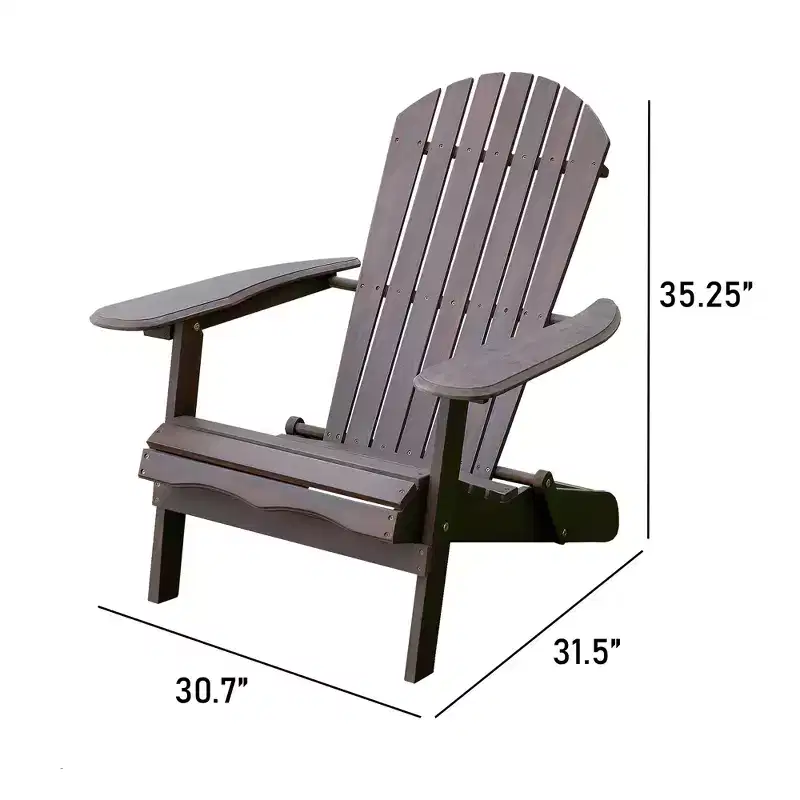 Merry Products Real Acacia Hardwood Flat Folding Adirondack Patio Chair with Tall Backrest, Curved Seat, and Wide Armrests, Dark Stain