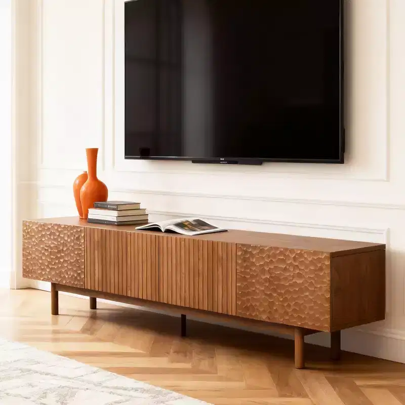 86.6-Inch TV Stand for TVs up to 90 Inches, Density Board with Solid Wood Legs