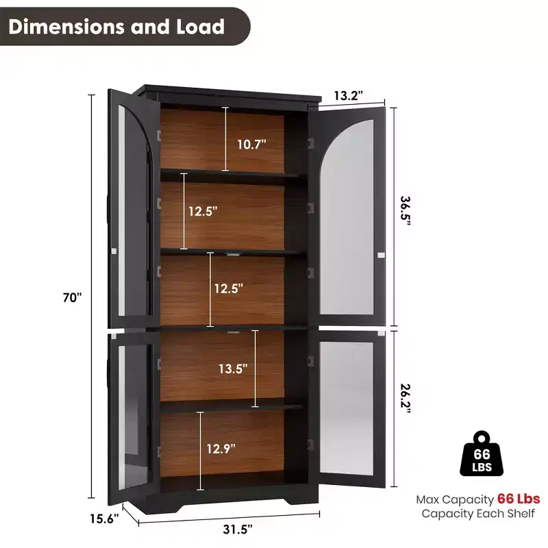 70 Tall Kitchen Pantry Cabinet, Modern Display Cabinet with 4 Arched Glass Doors and Adjustable Shelves, for Kitchen, Living Room, Dining, Bathroom