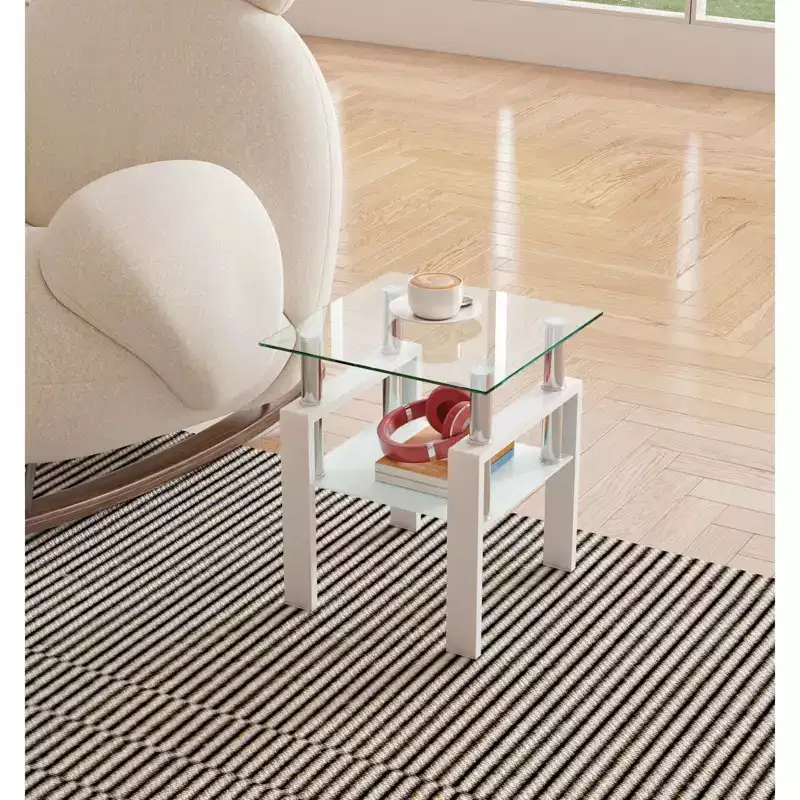 17.72 Transparent White Tempered Glass Coffee Table, Square 2-Tier End Table with Metal Legs for Living Room Bedroom