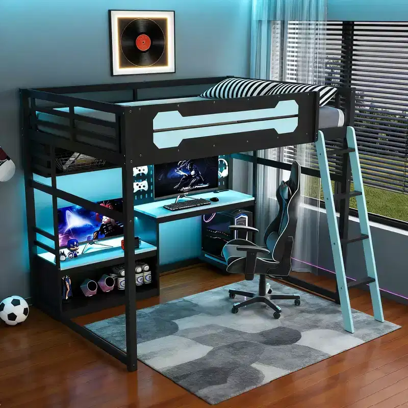 Luxystar Full Size Loft Bed With Computer Desk, Storage Bookcase Shleves and Pegboard