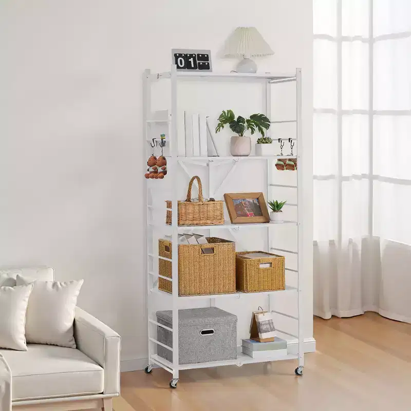 VEVOR 5-Tier Foldable Storage Shelf, 32W x 14D x 72H Inch Folding Metal Rack Shelving Unit, No Assembly Organizer Shelf with 5 Wheels & 4 Hooks,White