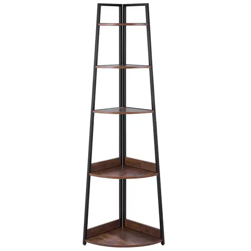 5 Tier Corner Shelf, 70 Tall Corner Bookshelf with Metal Frame & Wooden Shelves, Industrial Corner Ladder Shelf for Living Room, Brown