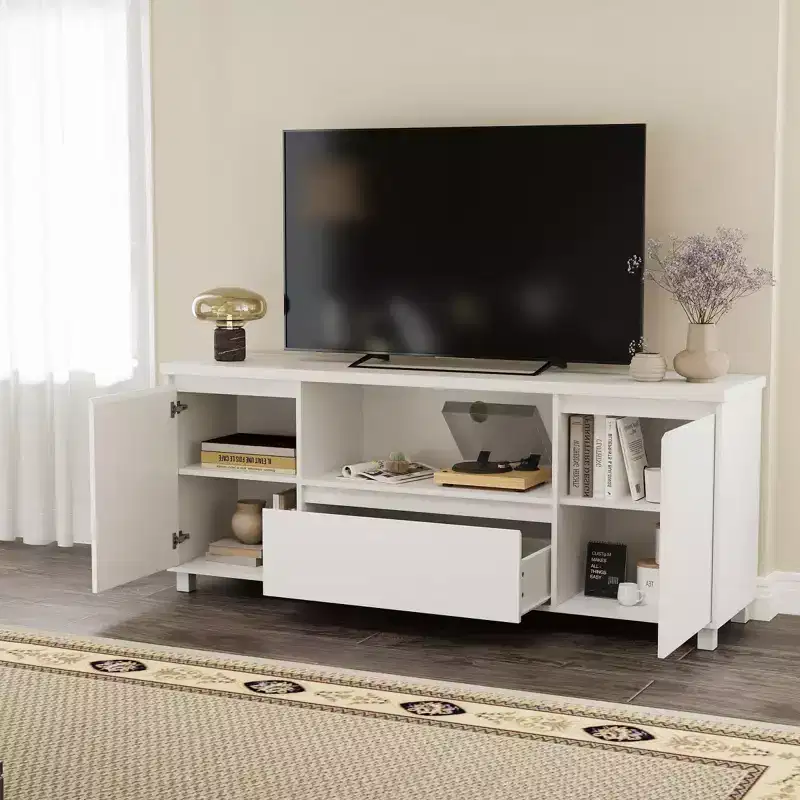 White TV Stand for up to 70 Inch TVs, Wood TV Console Table with Drawer & 2 Storage Cabinets for Living Room, Bedroom