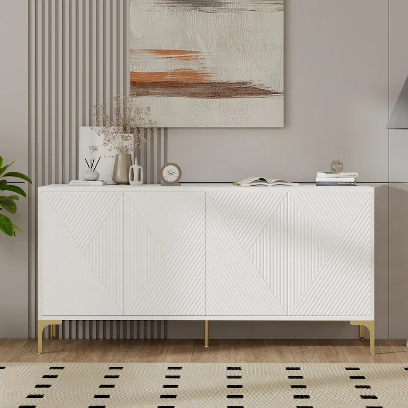 60 4-Door Sideboard Cabinet with Carved Door Panels and Adjustable Shelves for Entryway Dining Room Living Room