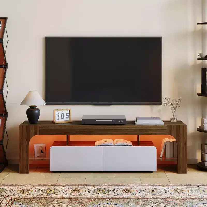Modern TV Stand for 55-75 Inch TVs,Entertainment Center with Storage Drawer & Glass Shelves, Media Console for Living Room & Bedroom
