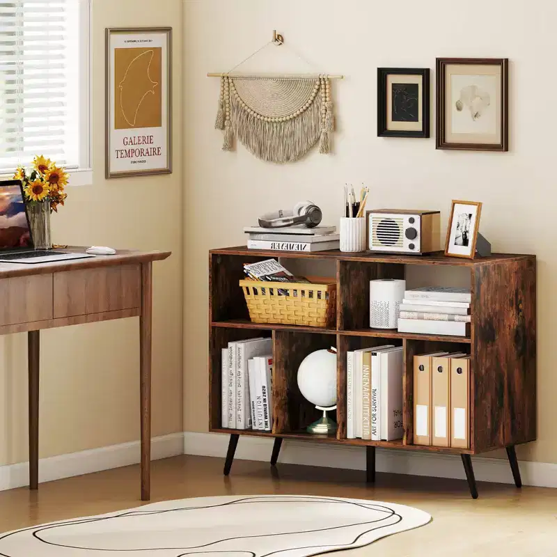 Costway Record Player Stand with Charging Station Open Shelves & Compartments Raised Legs Brown/White