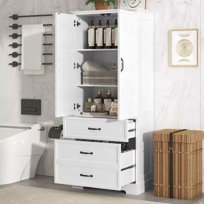 Modern Tall Bathroom Storage Cabinet with Adjustable Shelves & Drawers, Freestanding Storage Organizer Kitchen Cupboard, White - ModernLuxe