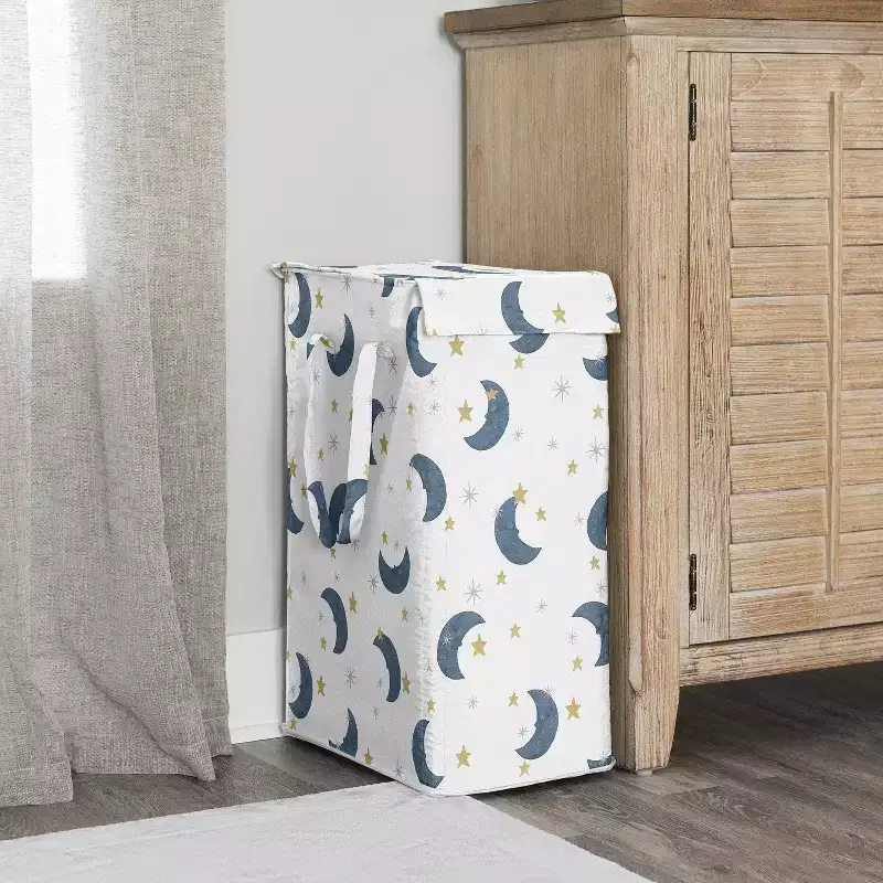 Sweet Jojo Designs Boy, Girl, Unisex/Gender Neutral Foldable Laundry Hamper with Handles Moon Bear Blue Gold and White