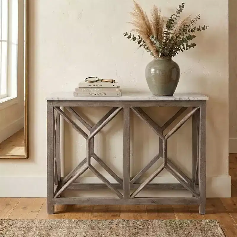 Royal Hampton Agas 41 Inch Sofa Console Table, White Genuine Marble Top, Sandblasted Washed Ash Gray Mango Wood Geometric Frame