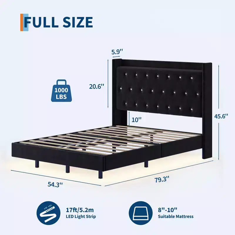 Floating Platform Bed with Velvet Upholstered Storage Headboard - No Box Spring Needed, Noise-Free