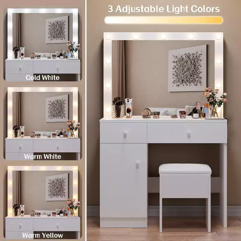 BALHAM TRADE-Vanity Desk with Mirror 11 LED Lights Power Outlet Makeup Vanity Set Storage Cabinet Drawers Chair
