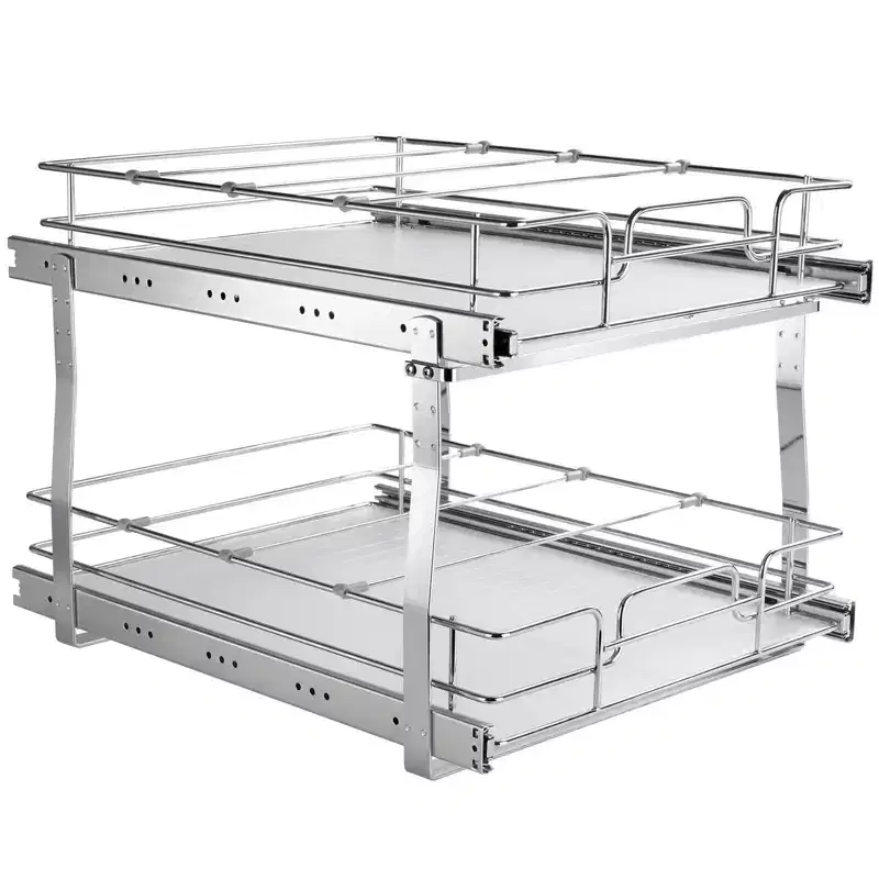 VIYET 2-Tier 20W21D Slide Out Cabinet Shelves, Heavy Duty Chrome Steel Pull Out Drawers, Under Sink/Kitchen/Bathroom