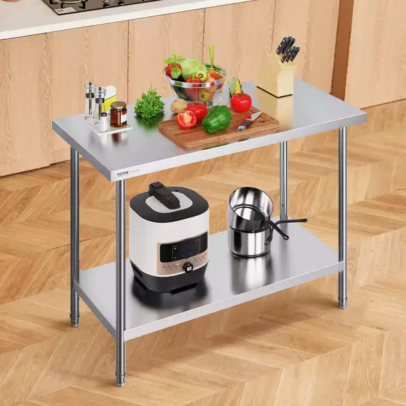 Stainless Steel Prep Table, 24 x 48 x 34 Inch, 800 lbs Load Capacity, Heavy Duty Metal Worktable with 3 Adjustable Height Levels