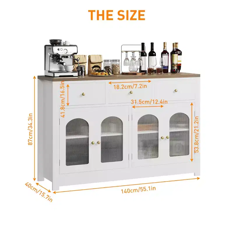 55 Inch Modern White Sideboard with Glass Doors & Storage, Heavy Duty Wood Entryway Table, Ideal Kitchen Organizer and Coffee Station Furniture
