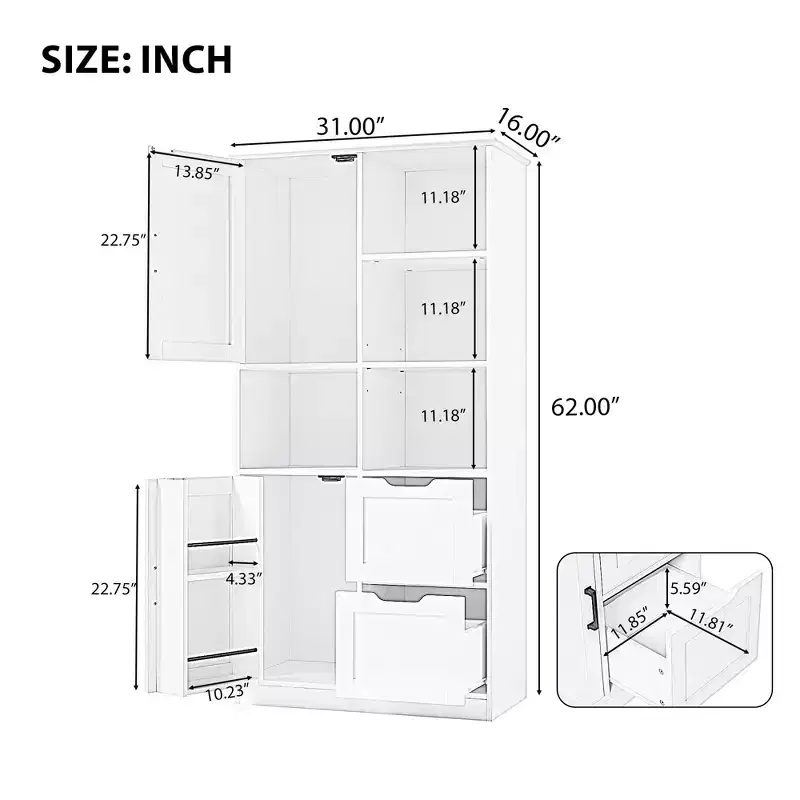 62in Freestanding Bathroom Storage Cabinet with Doors and Drawers, Multiple Storage Space, Open Shelve & Adjustable Shelf, White