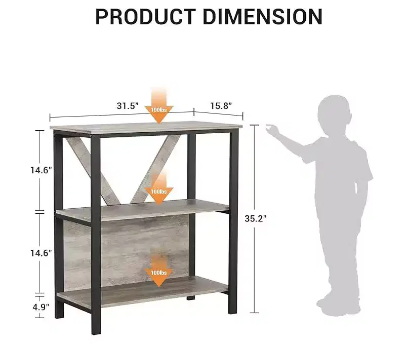 3-Tier Gray Open Bookcase with Black Metal Frame
