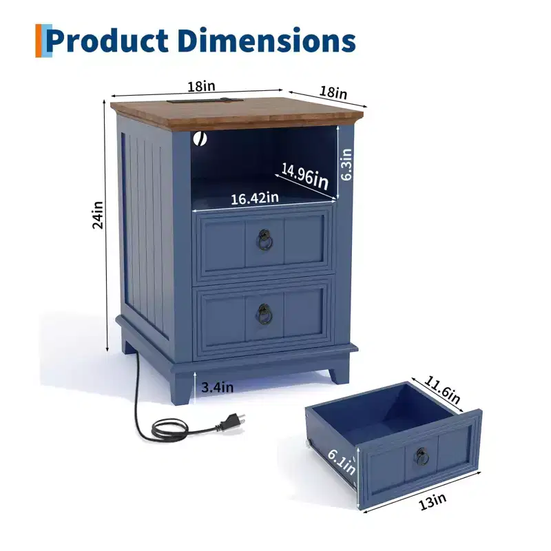 18 Fluted Wood Nightstand,Modern 2-Drawer Bedside Table with Charging Station & Shelf, Blue End Table for Bedroom, Office, Dorm