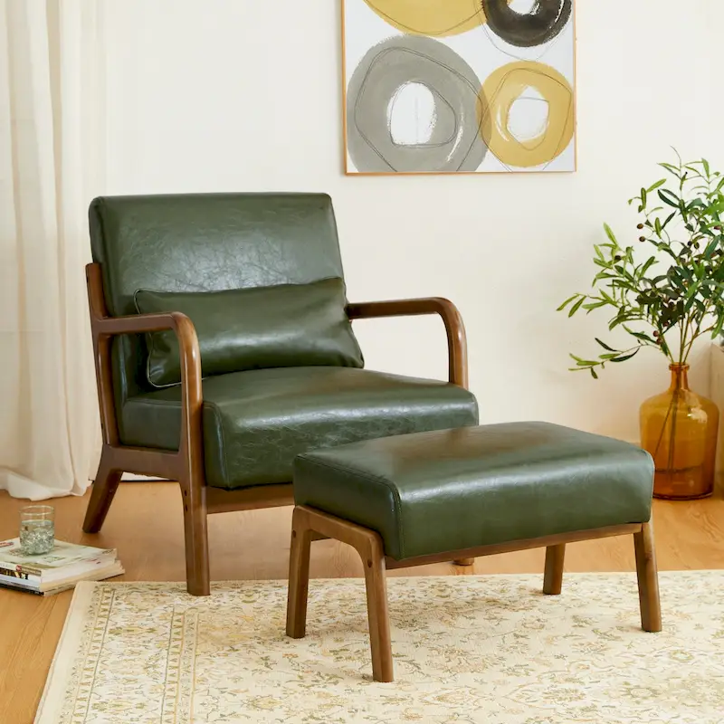 30.75H Mid-Century PU Leather Armchair with Ottoman Set