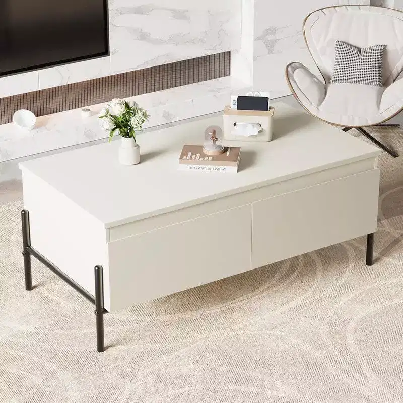 White Coffee Table with Drawers, Rectangle Coffee Table with Back Open Shelf