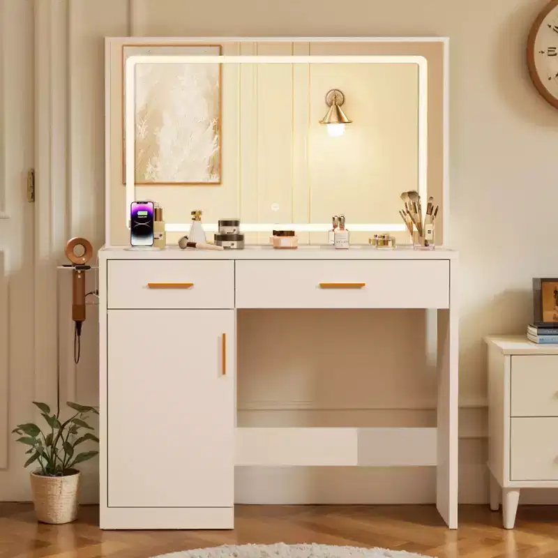 Okak Makeup Vanity with 3 Color Adjustable Mirror, Vanity Desk with Charging Station and Ample Storage, Dressing Table for Bedroom