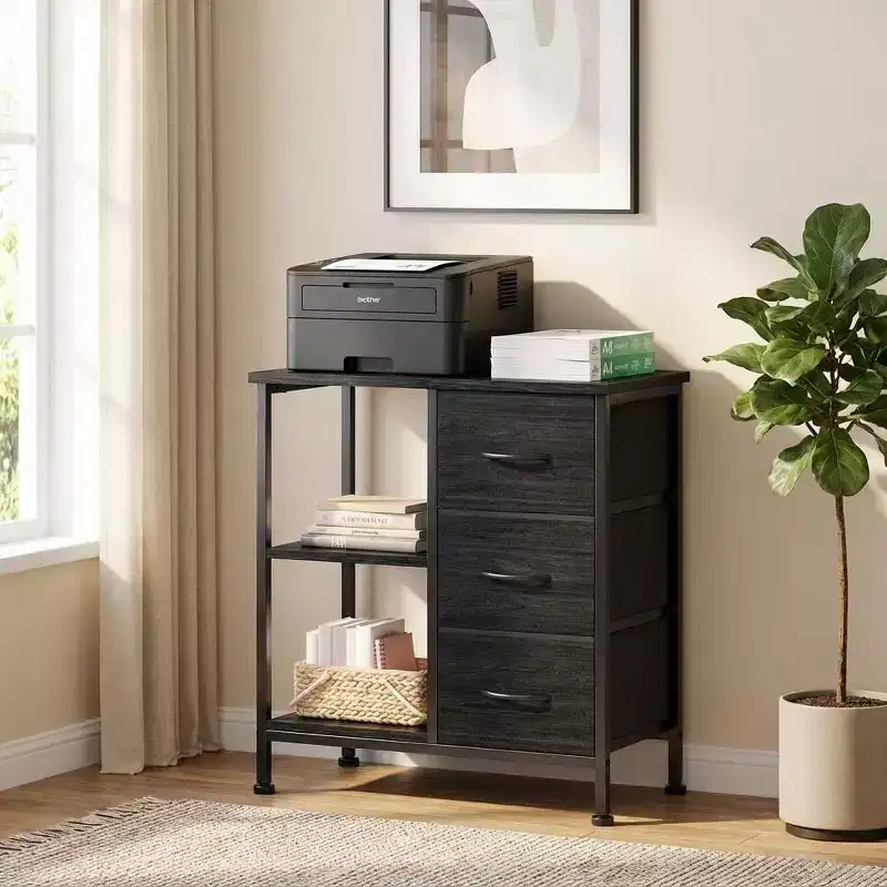 3 Drawer File Cabinet, Printer Stand with 2 Open Storage Shelves, Fabric Filing Cabinet Under Desk Office Organizer for Home Office