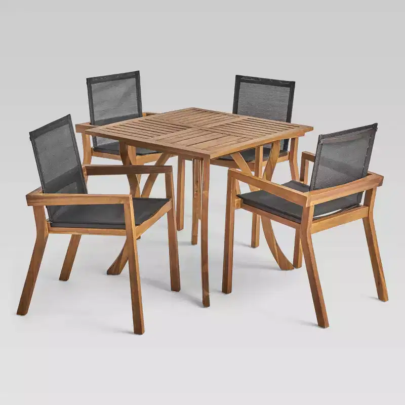 Chaucer 5pc Acacia and Mesh Dining Set - Teak/Black - Christopher Knight Home: Weather-Resistant, Square Table