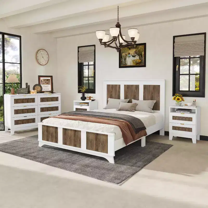MAYEERTY 4 Pieces Bedroom Set, Queen Size Platform Bed with Wooden Strip Stickers Decor Storage Nightstand and Dresser Metal Handle for Bedroom White