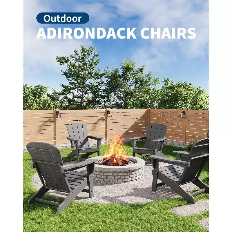 Modern HDPE Adirondack Chair, 380LB Oversized All-Weather Poly Lumber Outdoor Chair with Wood Grain, for Patio, Fire Pit & Pool