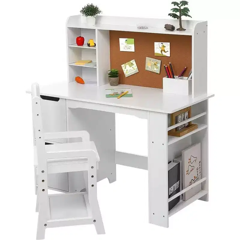 Kids Wooden Study Desk Learn Table Chair Set with Bookshelf, Bulletin Board, and Cabinets,White