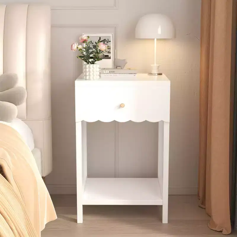 Scalloped Edge Nightstand with Drawer & Open Shelf,Compact Bedside Table,End Table for Bedroom,Kids' Room