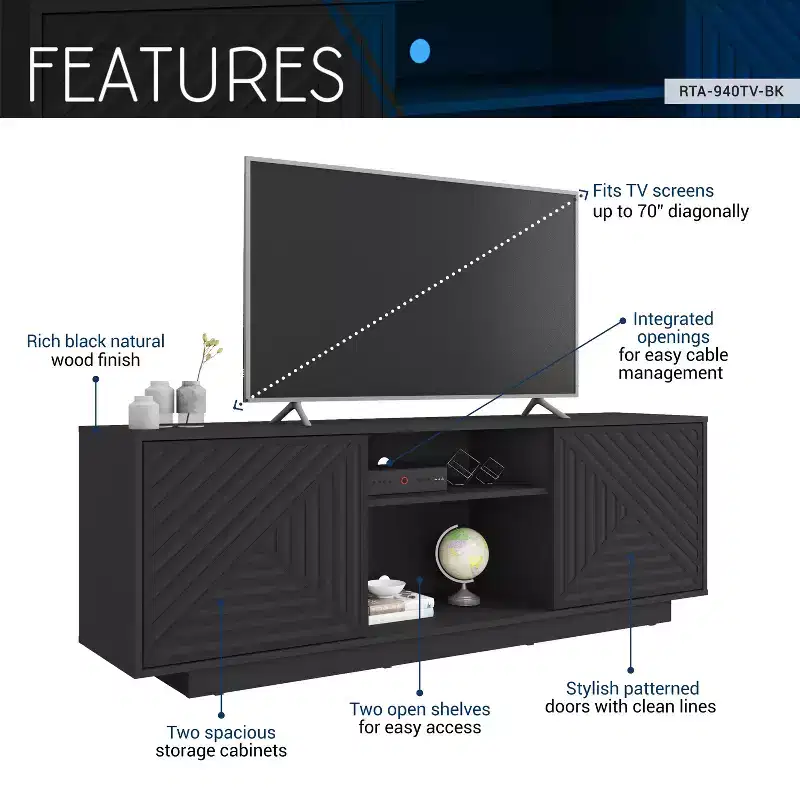 JVNOXK Medieval-inspired modern TV stand with two open shelves. Features patterned doors and clean lines. Suitable for TVs up to 70 inches. Black
