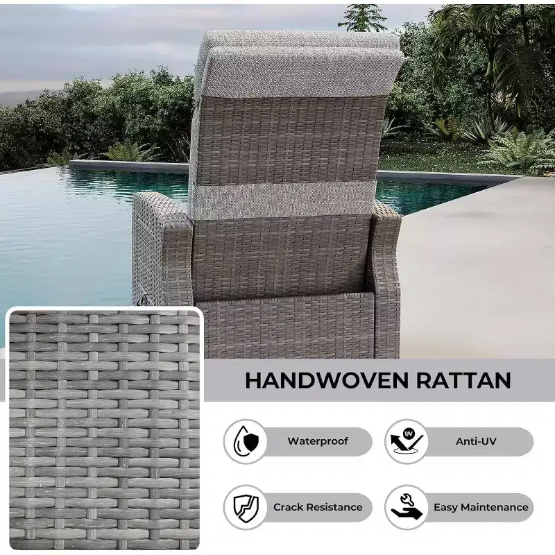 Patio Recliner Chair, Adjustable Back Footrest PE Wicker Weather Resistant with Flip Up Table Air Pump