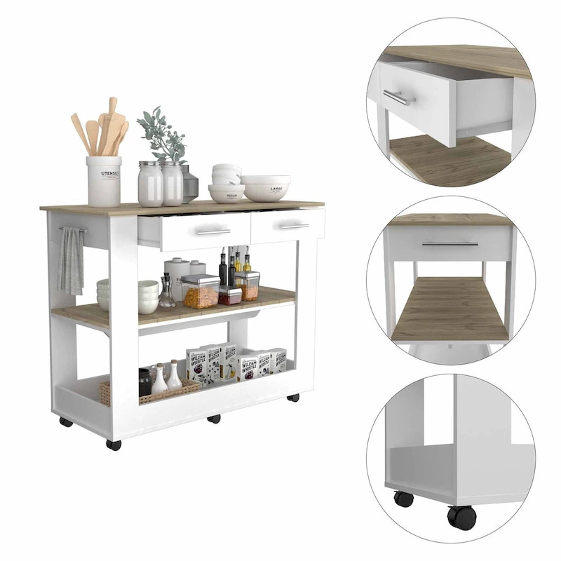Light Oak and White Kitchen Island with Drawer Shelves and Casters - 20 X 40 X 20
