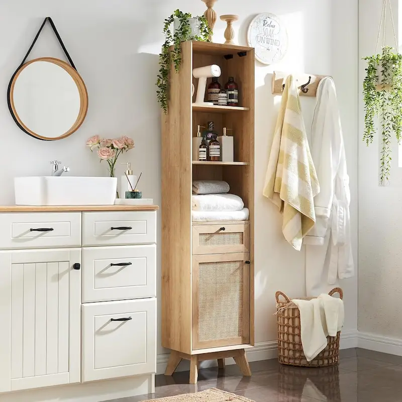 Natural Rattan Linen Cabinet, Modern Bathroom Towel Storage Cabinet