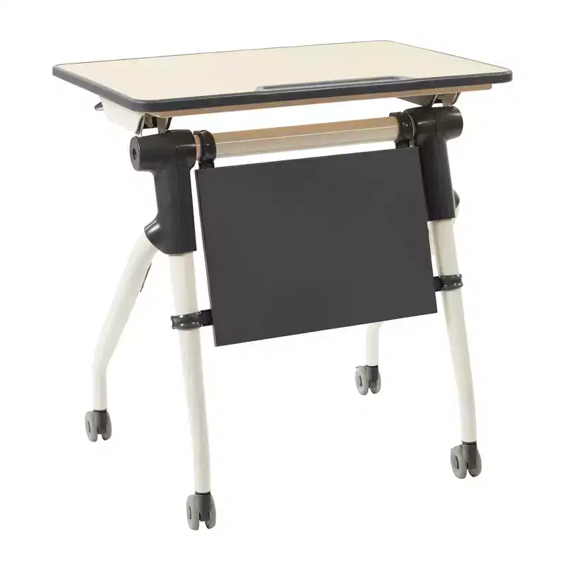 Nesting Student Desk with Modesty Panel & Locking Casters – Maple/Grey